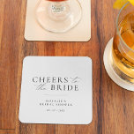 Cheers to the Bride | Elegant Script Bridal Shower Square Paper Coaster<br><div class="desc">Modern minimal "cheers to the bride" coasters designed for a bridal shower. Black and white with script accents.</div>