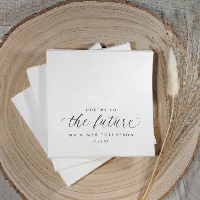 Cheers to the Future Wedding Engagement or Shower Napkins (Elegant black and white “Cheers to the Future” napkins for engagement celebrations)