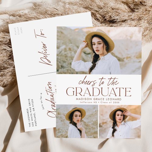 Cheers to the Grad Brown 3 Photo Graduation Party Invitation Postcard