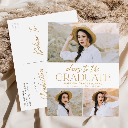 Cheers to the Grad Gold 3 Photo Graduation Party Invitation Postcard