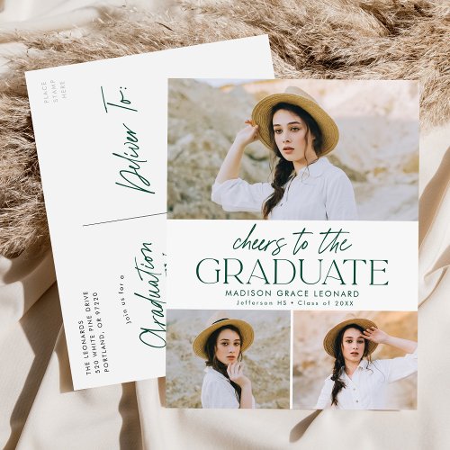 Cheers to the Grad Green 3 Photo Graduation Party Invitation Postcard