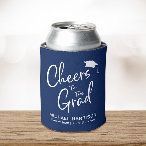 Cheers to the Grad Navy Blue Graduation Can Cooler