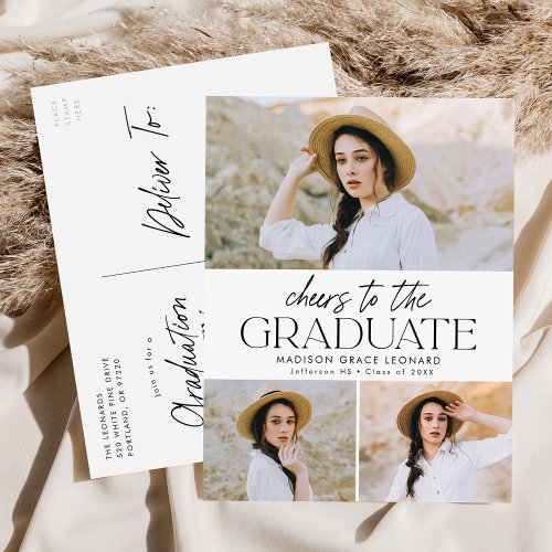 Cheers to the Grad Script 3 Photo Graduation Party Invitation Postcard