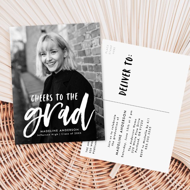 Cheers to the Grad Script Photo Graduation Party Invitation Postcard (Creator Uploaded)