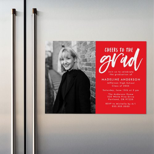 Cheers to the Grad Script Red Graduation Party Magnetic Invitation