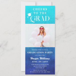 Cheers To The Grad Trendy Modern Photo Blue Invitation
