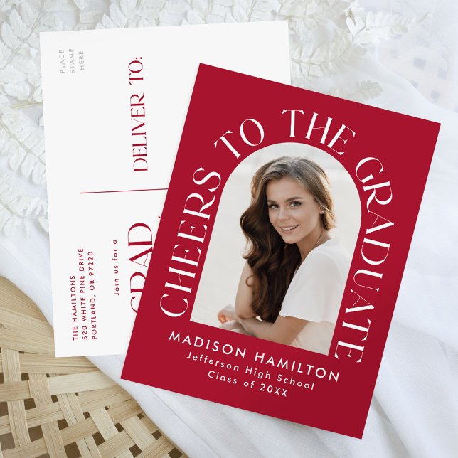 Cheers to the Graduate Arch Photo Graduation Party Invitation Postcard (Creator Uploaded)