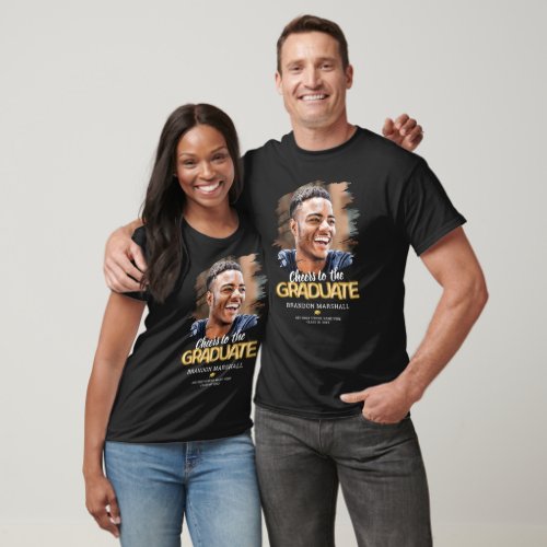 Cheers to the Graduate Photo T-Shirt - Personalized graduation day t-shirts featuring the saying "cheers to the graduate" using gold hellium balloons, a photo of the grad, a mortarboard cap, their name, school and class year.