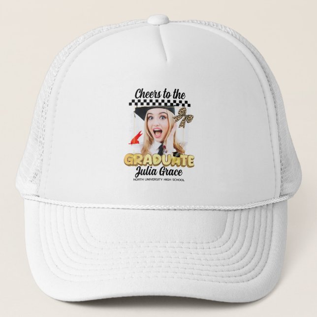 Cheers to the Graduate White Custom Photo Trucker Hat (Front)
