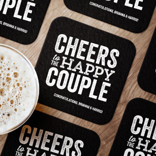 Cheers to the happy couple black rehearsal dinner square paper coaster