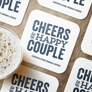 Cheers to the happy couple blue wedding rehearsal square paper coaster