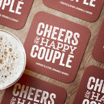 Cheers to the happy couple brick red wedding square paper coaster<br><div class="desc">Before your wedding day, have some fun with a "Brews Before I Do's" celebration. Whether it's a rehearsal dinner, bachelor party or engagement party, this fun bold coaster design is perfect for a brewery or beer-themed celebration. This "cheers to the happy couple" original design can also be personalized with the...</div>