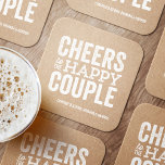 Cheers to the happy couple kraft rehearsal dinner square paper coaster<br><div class="desc">Before your wedding day, have some fun with a "Brews Before I Do's" celebration. Whether it's a rehearsal dinner, bachelor party or engagement party, this fun bold coaster design is perfect for a brewery or beer-themed celebration. This "cheers to the happy couple" original design can also be personalized with the...</div>