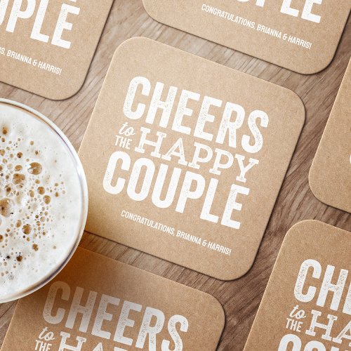 Cheers to the happy couple kraft rehearsal dinner square paper coaster