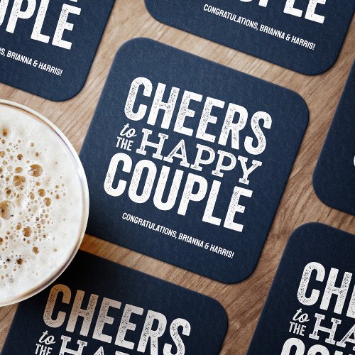 Cheers to the happy couple navy rehearsal dinner square paper coaster