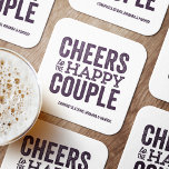 Cheers to the happy couple purple wedding square paper coaster<br><div class="desc">Before your wedding day, have some fun with a "Brews Before I Do's" celebration. Whether it's a rehearsal dinner, bachelor party or engagement party, this fun bold coaster design is perfect for a brewery or beer-themed celebration. This "cheers to the happy couple" original design can also be personalized with the...</div>