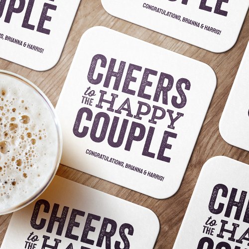 Cheers to the happy couple purple wedding square paper coaster