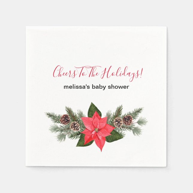 Cheers to the holiday red poinsettia pinecones  napkins (Front)