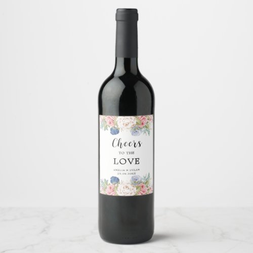 Cheers To The Love  Navy Blue Blush Pink Floral  Wine Label