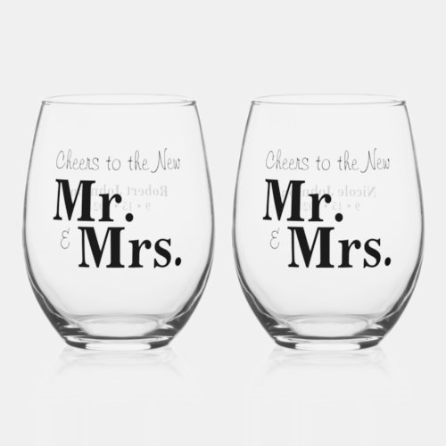 Cheers to the New Mr  Mrs Set of 2 Stemless Wine Glass