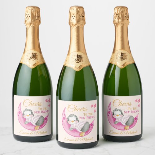 Cheers To The New Parents Pink Sleeping Penguin Sparkling Wine Label