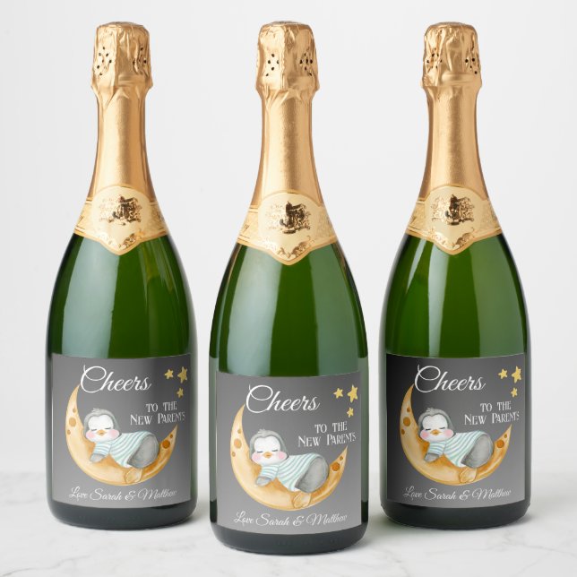 Cheers To The New Parents Sleeping Baby Penguin Sparkling Wine Label (Bottles)