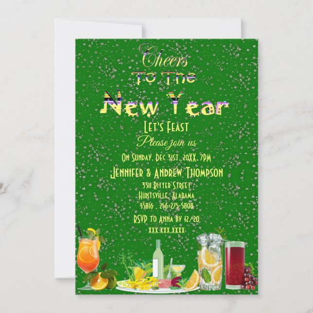 Cheers to the New Year Cocktails Green Sparkling   Invitation (Front)