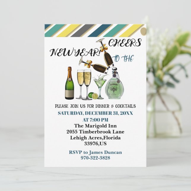 Cheers to the New Year Dinner Cocktail Modern Art Invitation (Standing Front)