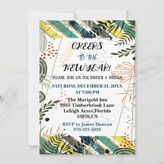 Cheers to the New Year Dinner Party Botanical  Invitation (Front)