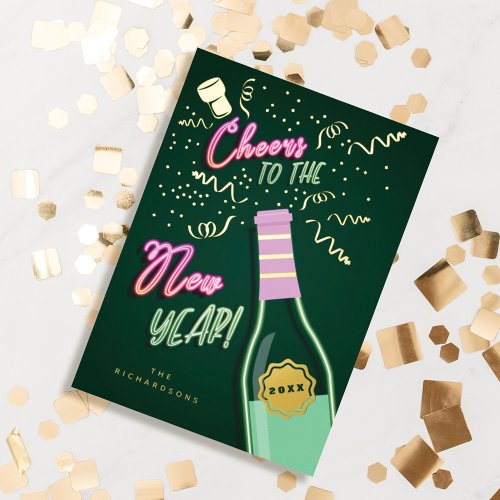 Cheers to the New Year Fun Retro Neon Wine Bottle Foil Holiday Card