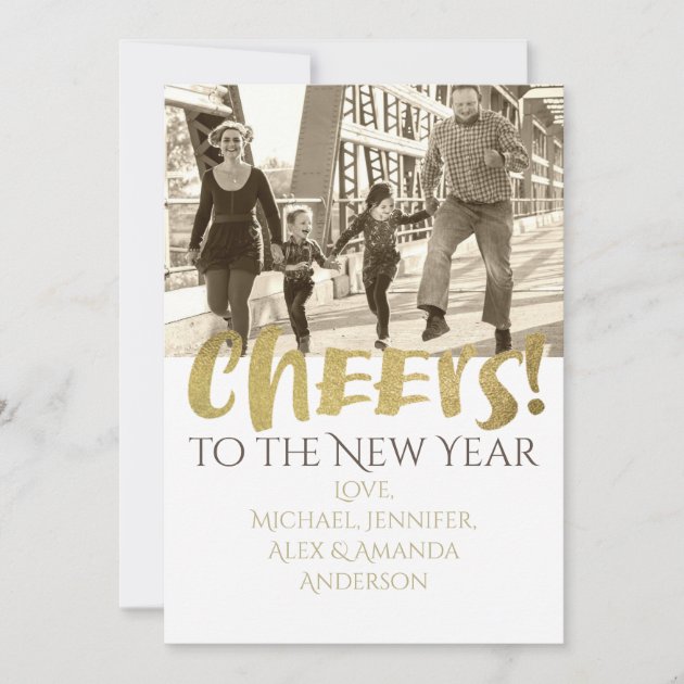Cheers To The New Year Gold & White Photo Holiday Card
