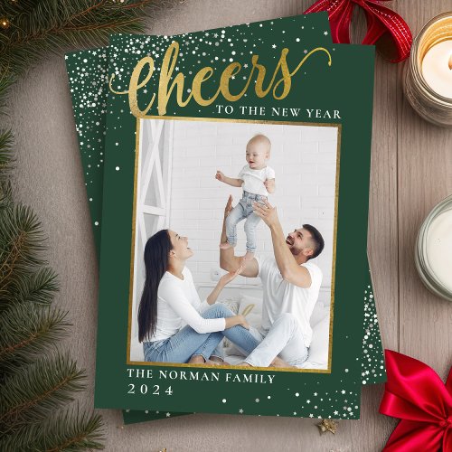 Cheers to the New Year Green Gold Glitter Photo Holiday Card