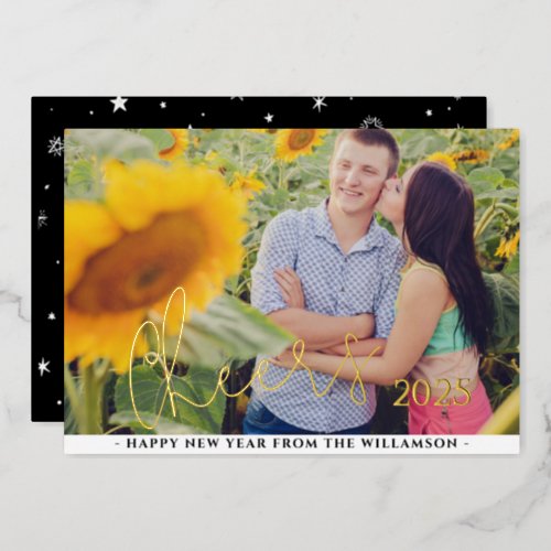 Cheers To The New Year  Horizontal Photo   Foil Holiday Card