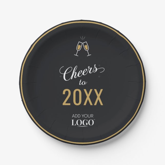 Cheers to the New Year Modern Black Business Logo Paper Plates (Front)