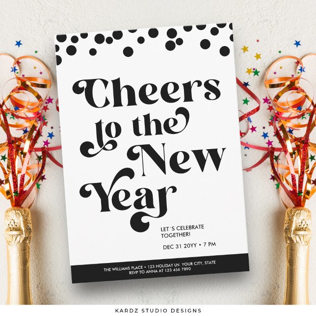 Cheers to the New Year New Years Party Invitation (Invite shown in 5 x 7 inches, choose size, paper and corner style.)