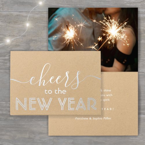 Cheers to the New Year Script Kraft  Silver Real Foil Card