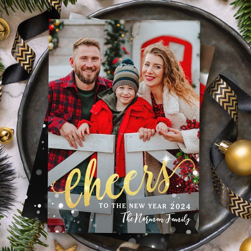 Cheers to the New Year Sparkle Light 2 Photo Black Holiday Card