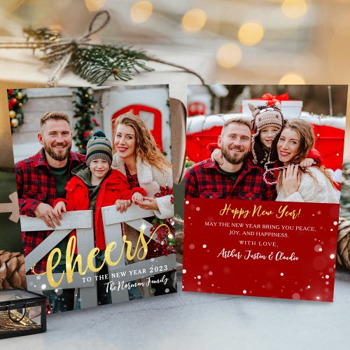 Cheers to the New Year Sparkle Light 2 Photo Red Holiday Card