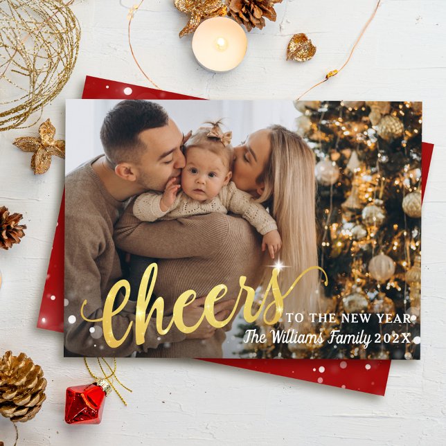 Cheers to the New Year Sparkle Light 3 Photo Red Holiday Card (Creator Uploaded)