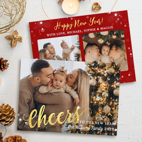 Cheers to the New Year Sparkle Light 3 Photo Red Holiday Card