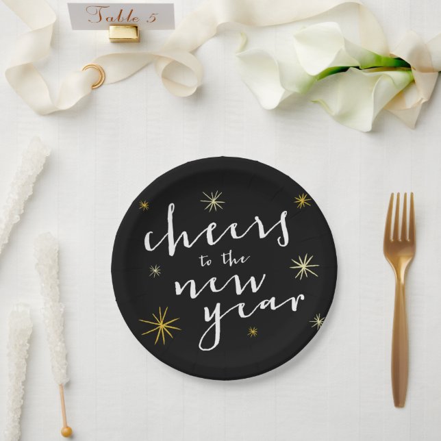 Cheers To The New Year Starbursts Fireworks Modern Paper Plates (Wedding)