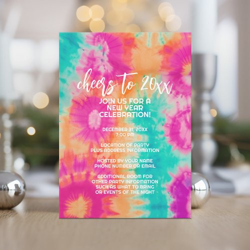 Cheers to the New Year Tie_Dye Teal 70s Vibe Invitation