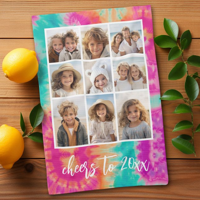 Cheers to the New Year Tie-Dye Teal 70s Vibe Kitchen Towel (Personalized kitchen towel with 8 photos and tie dye pattern)
