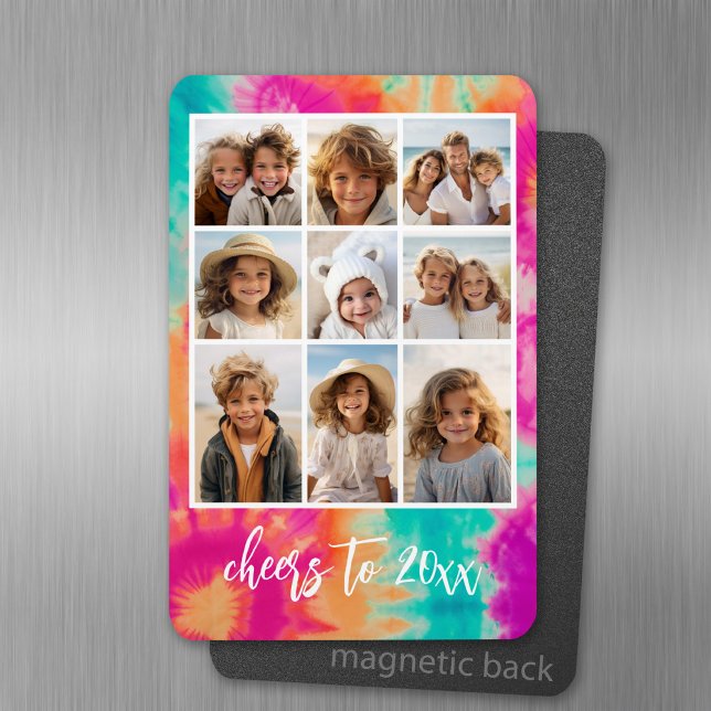 Cheers to the New Year Tie-Dye Teal 70s Vibe Magnet (Personalized fridge magnet with photos and custom text)