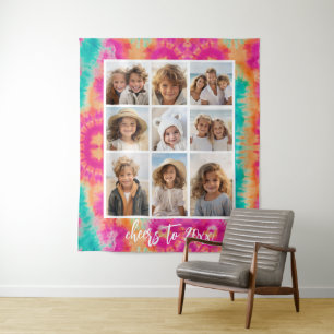 Cheers to the New Year Tie-Dye Teal 70s Vibe Tapestry