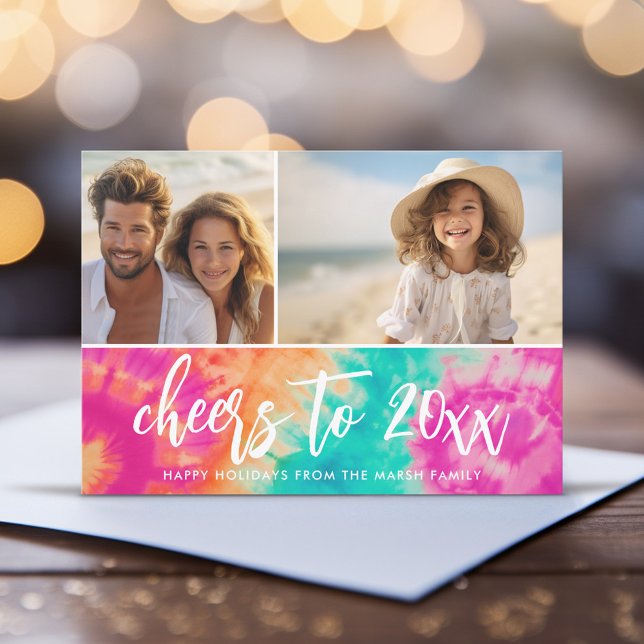Cheers to the New Year Tie-Dye Teal Photo 70s Vibe Holiday Card (Cheers to the New Year - Funky Tie Dye Christmas card)