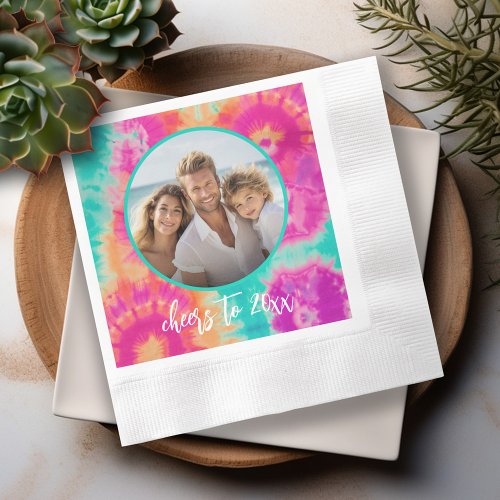 Cheers to the New Year Tie_Dye Teal Photo 70s Vibe Napkins