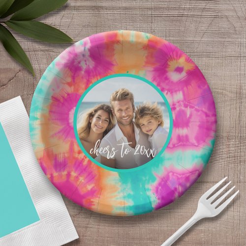 Cheers to the New Year Tie_Dye Teal Photo 70s Vibe Paper Plates