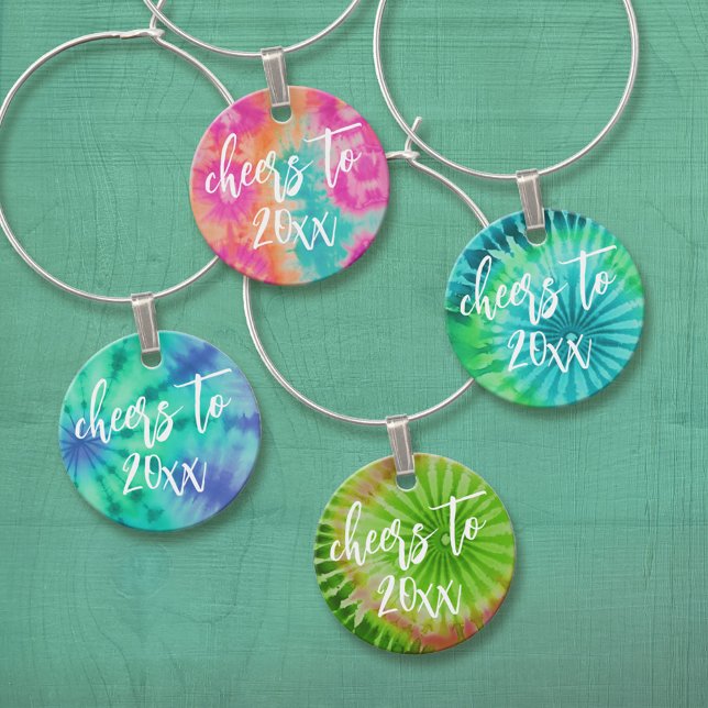 Cheers to the New Year Tie-Dye Teal Photo 70s Vibe Wine Charm (Custom Wine and Drink Charms)