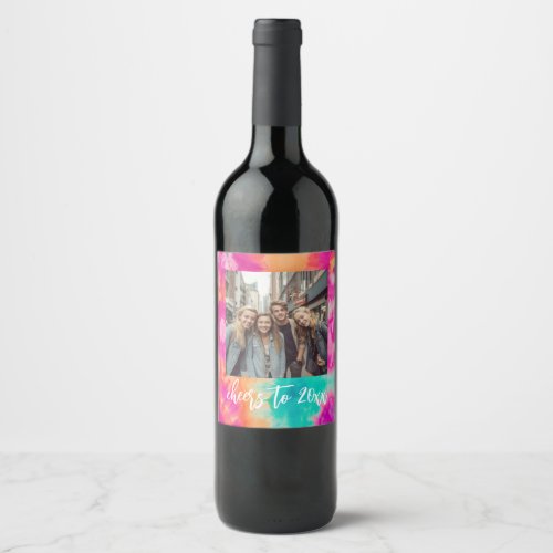 Cheers to the New Year Tie_Dye Teal Photo 70s Vibe Wine Label